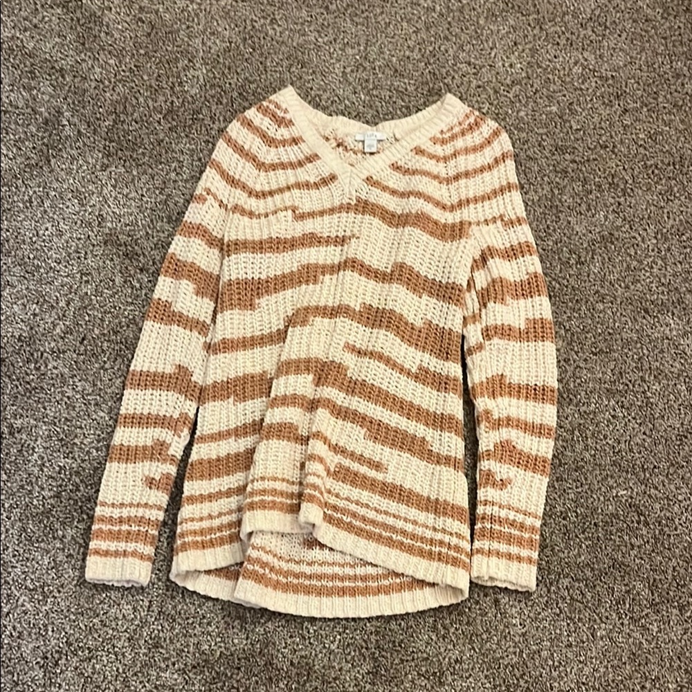J. Jill Cream and Tan V-Neck Sweater with Stripes